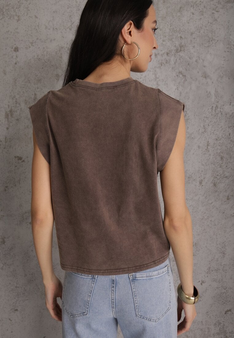 Brązowy Top z Bawełny w Stylu Grunge z Szeroką Linią Ramion Tezorea