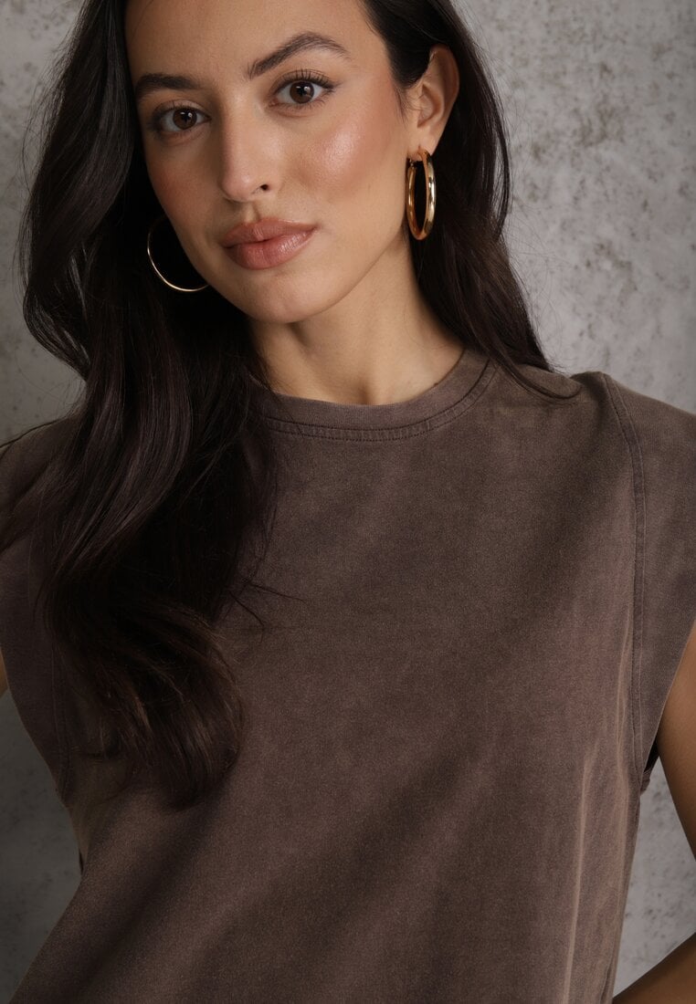 Brązowy Top z Bawełny w Stylu Grunge z Szeroką Linią Ramion Tezorea