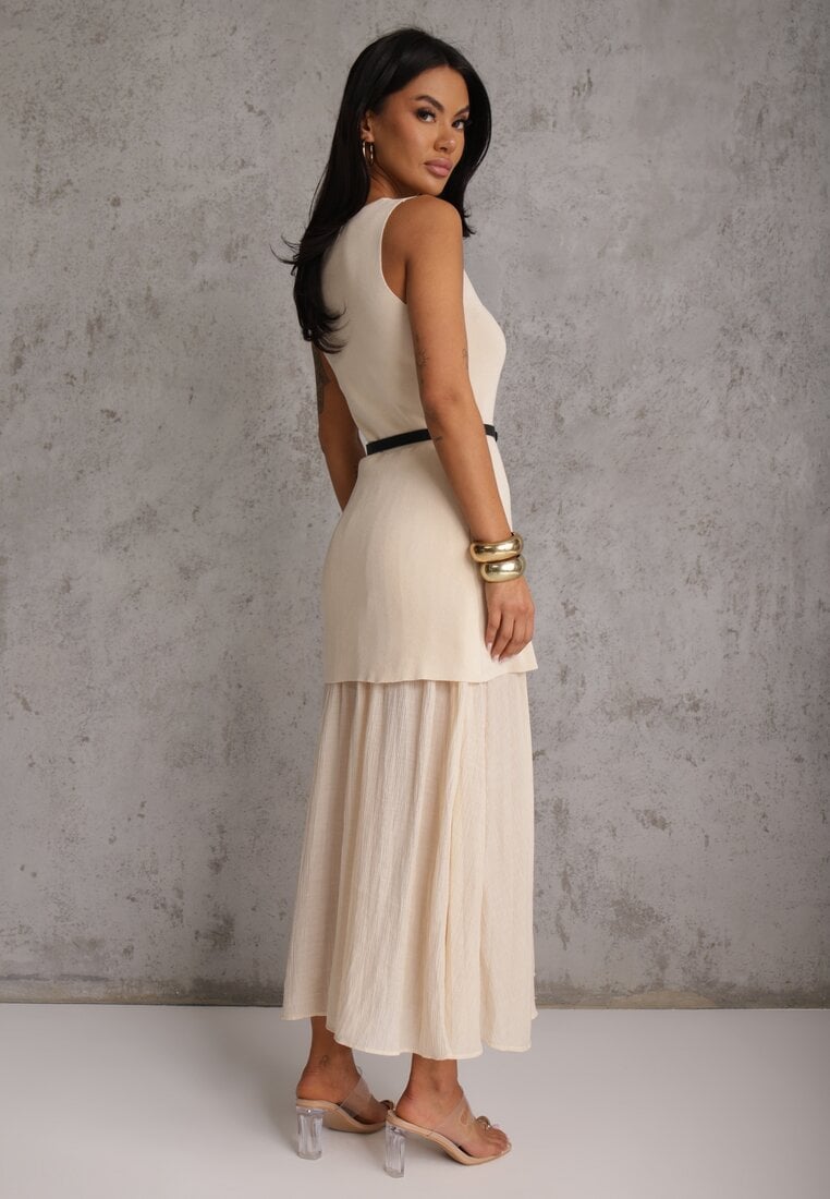 Beżowa Dzianinowa Sukienka z Wiskozą Zdobiona Podszewką i Paskiem z Klamrą Arkilia