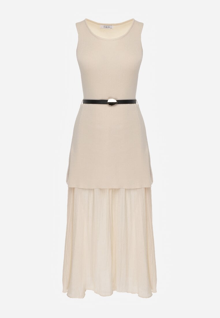 Beżowa Dzianinowa Sukienka z Wiskozą Zdobiona Podszewką i Paskiem z Klamrą Arkilia