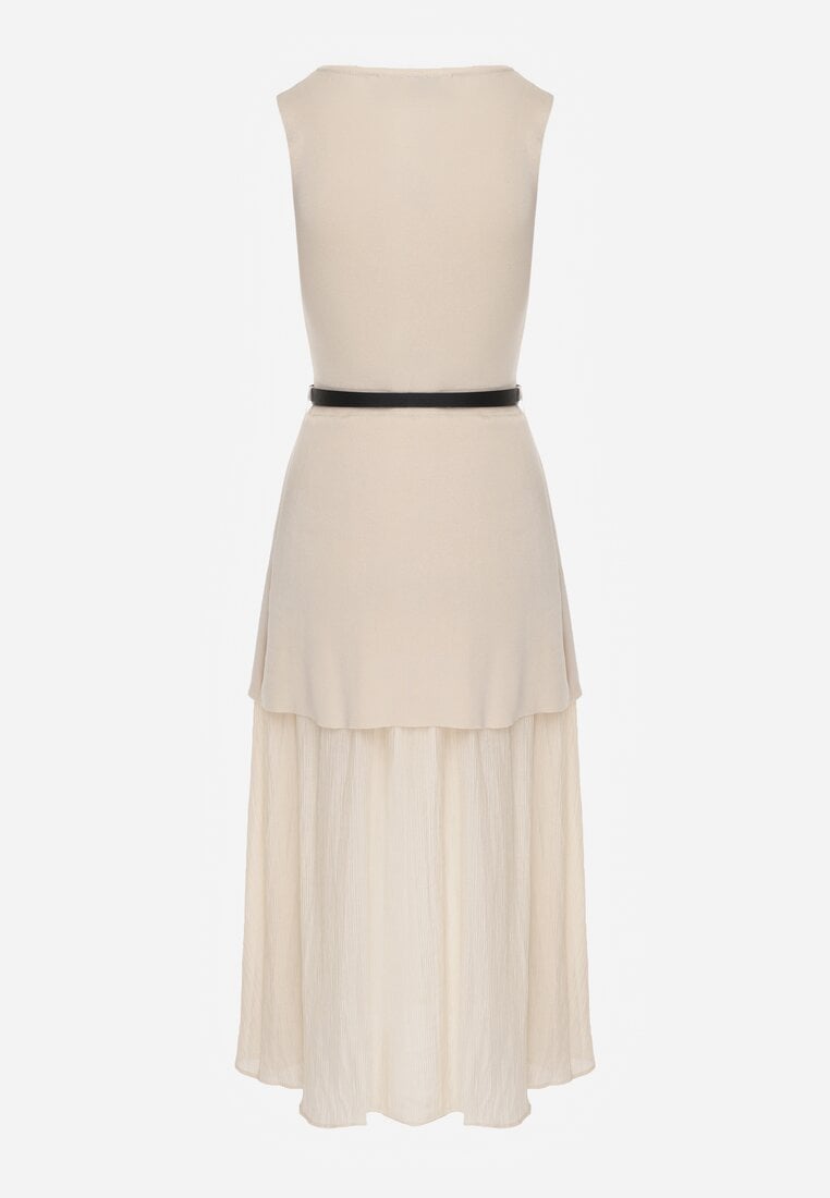 Beżowa Dzianinowa Sukienka z Wiskozą Zdobiona Podszewką i Paskiem z Klamrą Arkilia