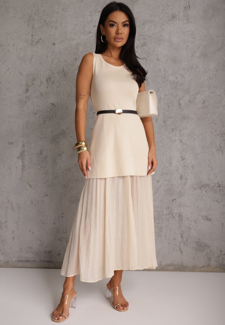 Beżowa Dzianinowa Sukienka z Wiskozą Zdobiona Podszewką i Paskiem z Klamrą Arkilia