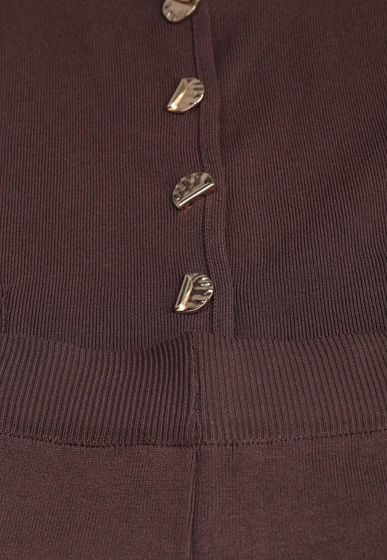 Brązowy Komplet z Dzianiny z Wiskozą Spodnie Wide Leg i Top z Guzikami Merice