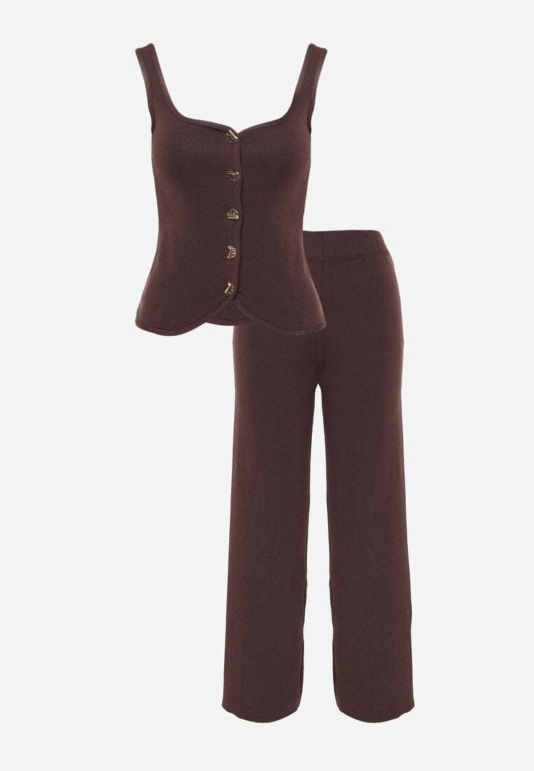 Brązowy Komplet z Dzianiny z Wiskozą Spodnie Wide Leg i Top z Guzikami Merice