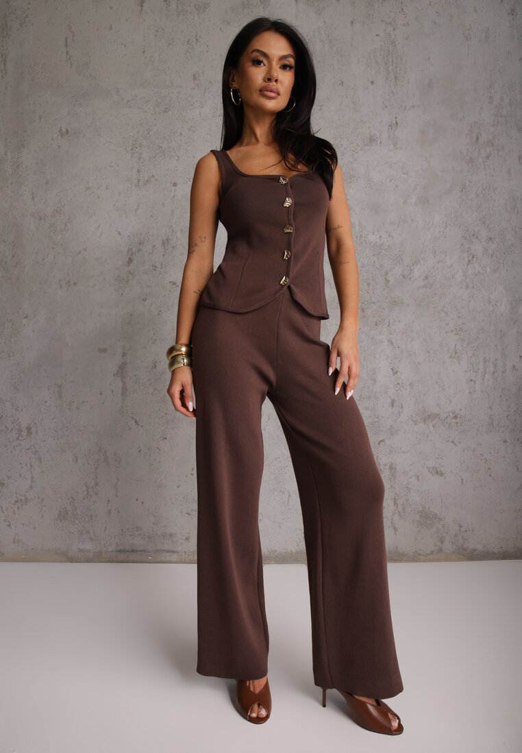 Brązowy Komplet z Dzianiny z Wiskozą Spodnie Wide Leg i Top z Guzikami Merice