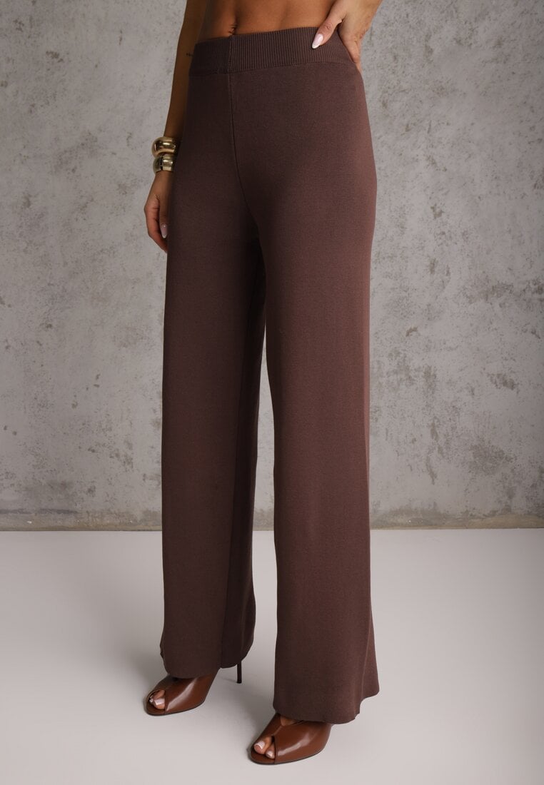 Brązowy Komplet z Dzianiny z Wiskozą Spodnie Wide Leg i Top z Guzikami Merice
