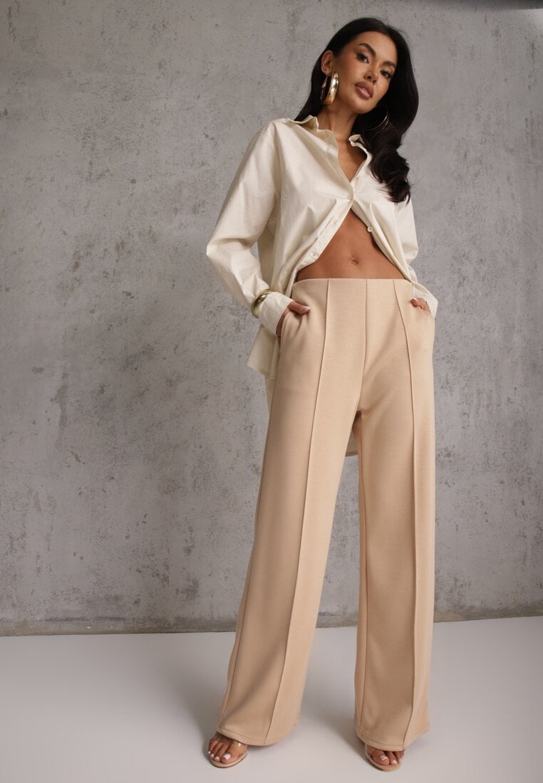 Beżowe Bawełniano-Wiskozowe Spodnie o Eleganckim Kroju w Kant Tinawre
