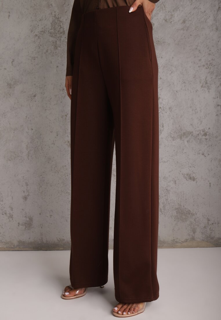Brązowe Bawełniano-Wiskozowe Spodnie o Eleganckim Kroju w Kant Tinawre
