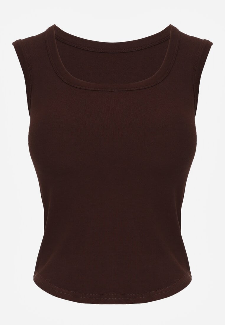 Brązowy Wiskozowy Top Dopasowany z Kwadratowym Dekoltem Bez Rękawów Bilincja