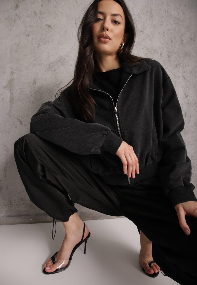 Czarna Bluza Bomberka z Bawełny Oversize Ozdobiona Kołnierzem Vimelles