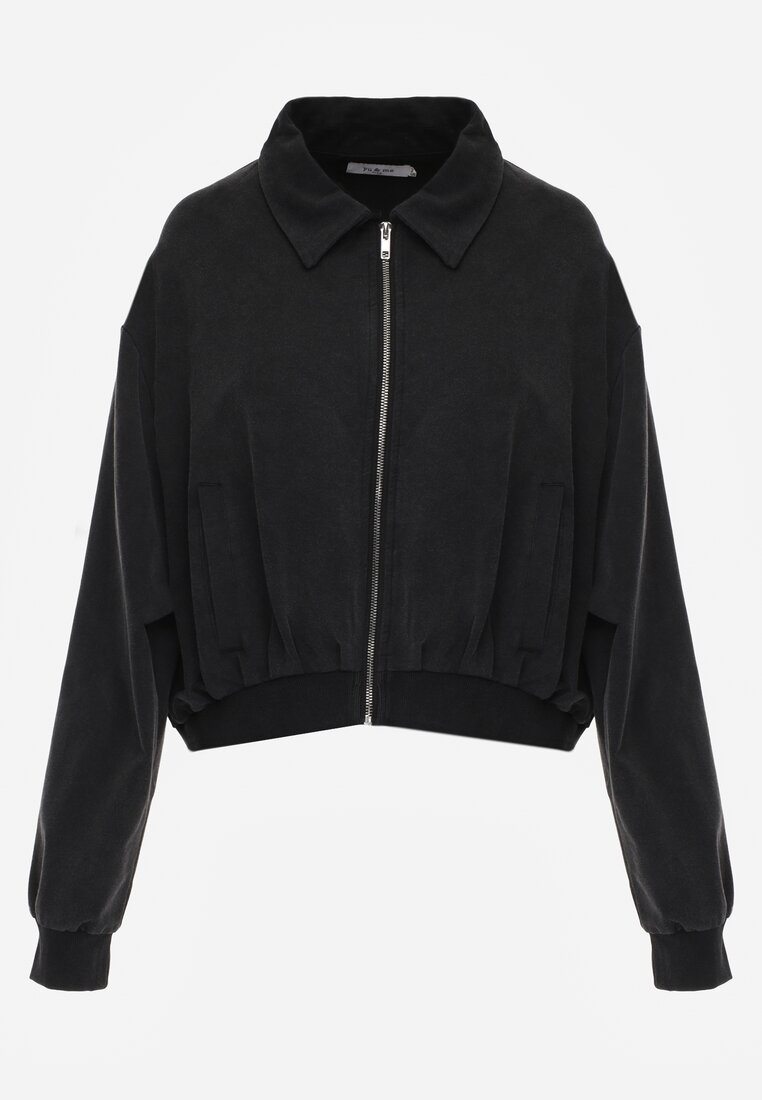 Czarna Bluza Bomberka z Bawełny Oversize Ozdobiona Kołnierzem Vimelles