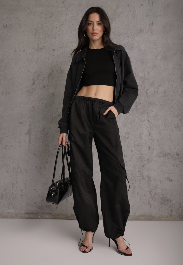 Czarna Bluza Bomberka z Bawełny Oversize Ozdobiona Kołnierzem Vimelles