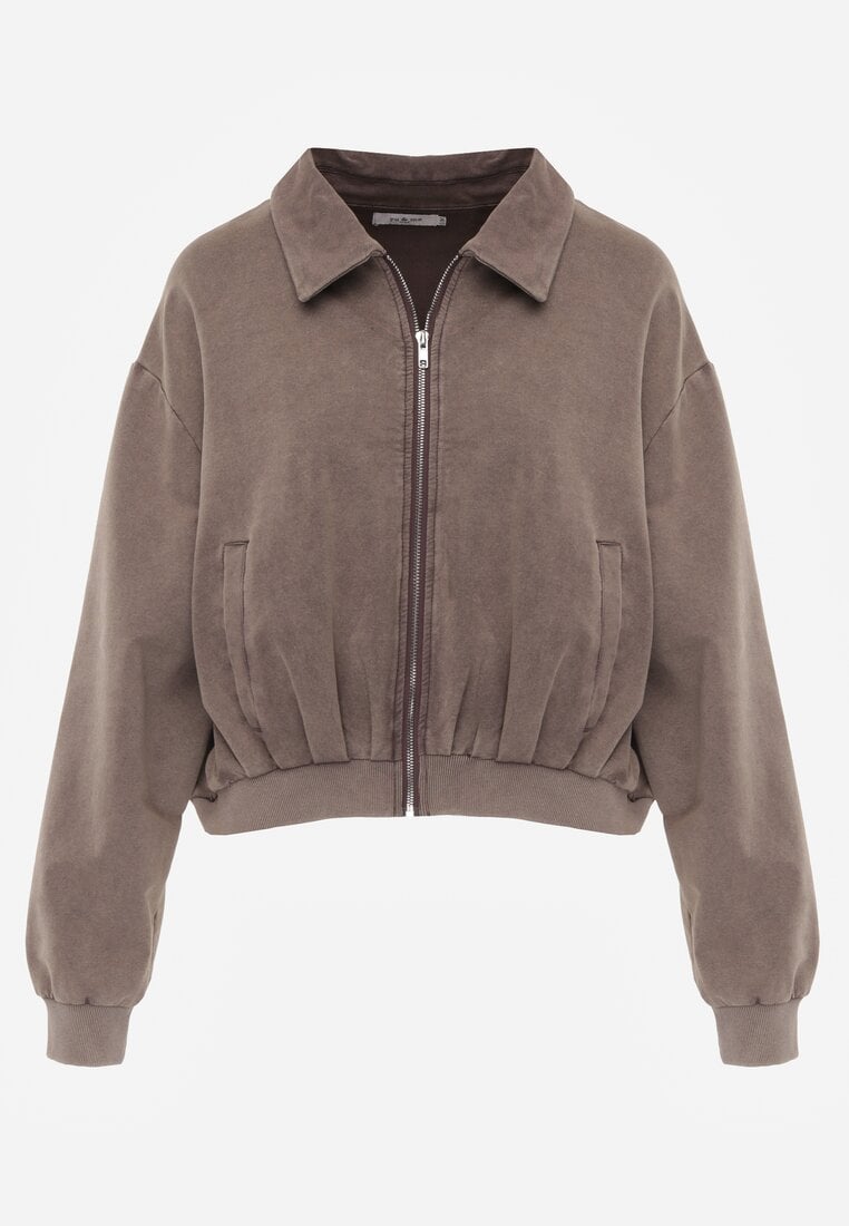 Beżowa Bluza Bomberka z Bawełny Oversize Ozdobiona Kołnierzem Vimelles