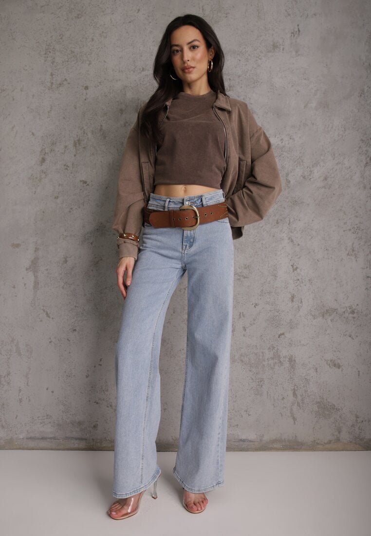 Beżowa Bluza Bomberka z Bawełny Oversize Ozdobiona Kołnierzem Vimelles