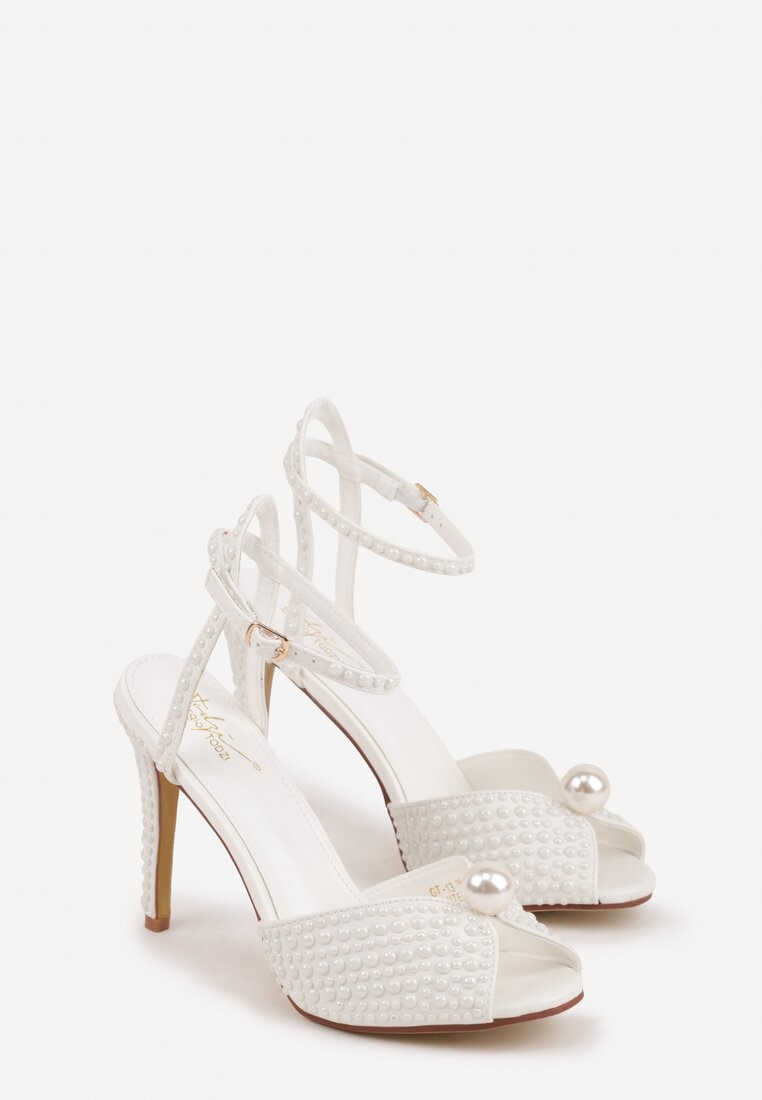 Białe Sandały Peep Toe na Szpilce z Perełkami i Paskiem z Klamerką Velaniella