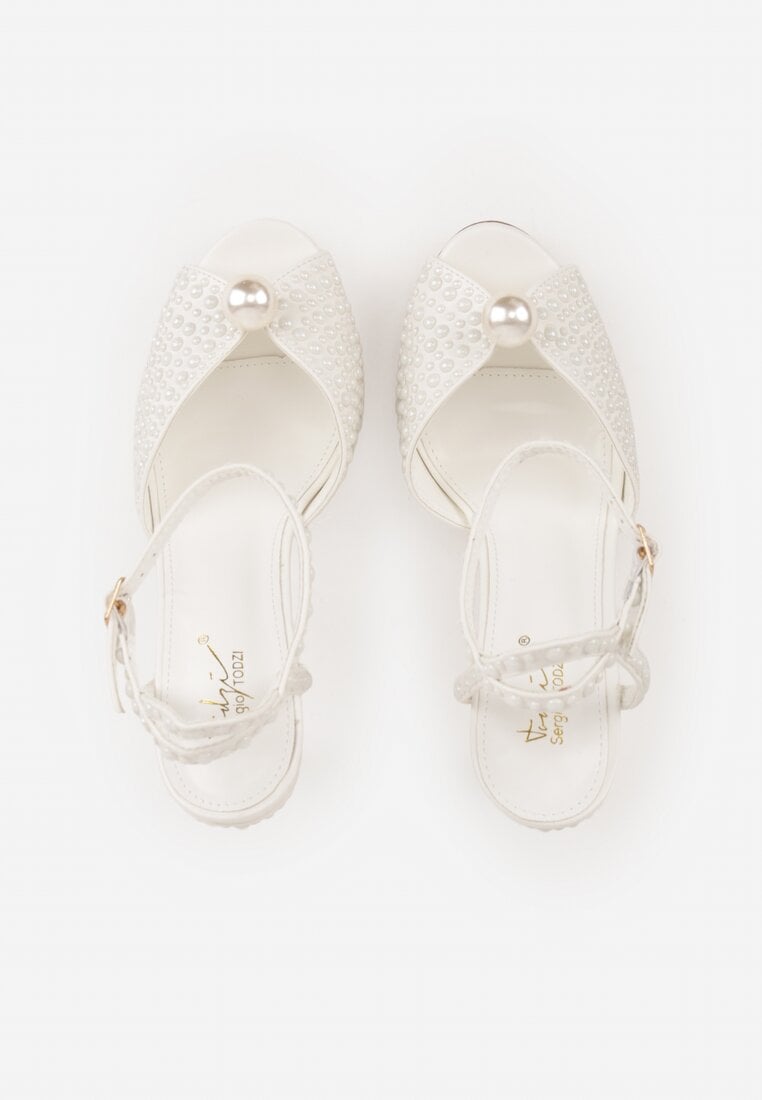 Białe Sandały Peep Toe na Szpilce z Perełkami i Paskiem z Klamerką Velaniella