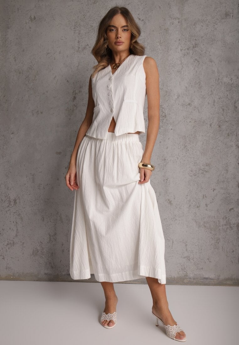 Biały Komplet z Bawełny Kamizelka i Spódnica o Rozkloszowanym Kroju Movenae