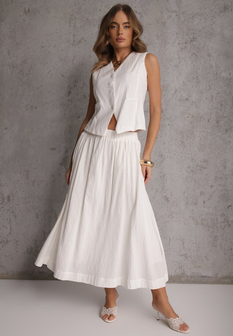 Biały Komplet z Bawełny Kamizelka i Spódnica o Rozkloszowanym Kroju Movenae