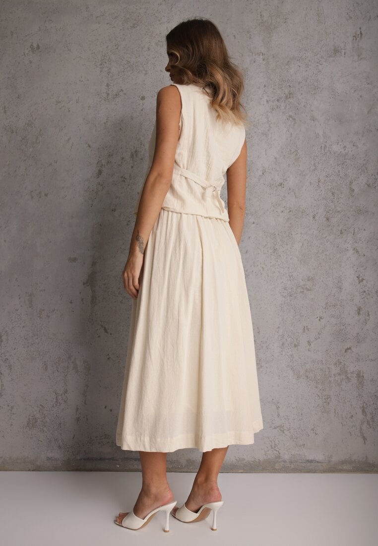 Beżowy Komplet z Bawełny Kamizelka i Spódnica o Rozkloszowanym Kroju Movenae