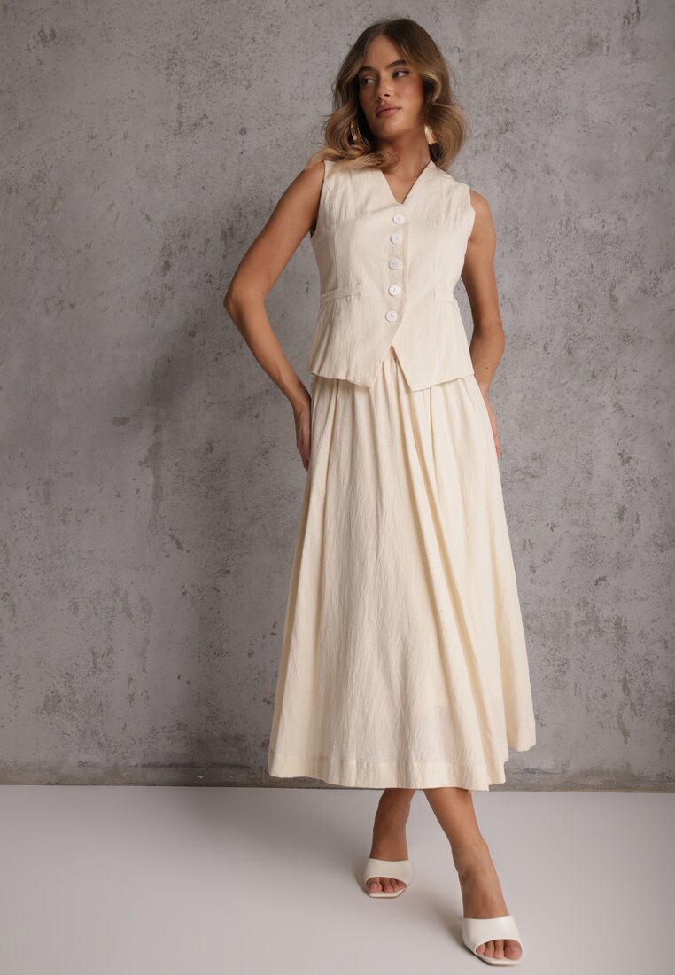 Beżowy Komplet z Bawełny Kamizelka i Spódnica o Rozkloszowanym Kroju Movenae