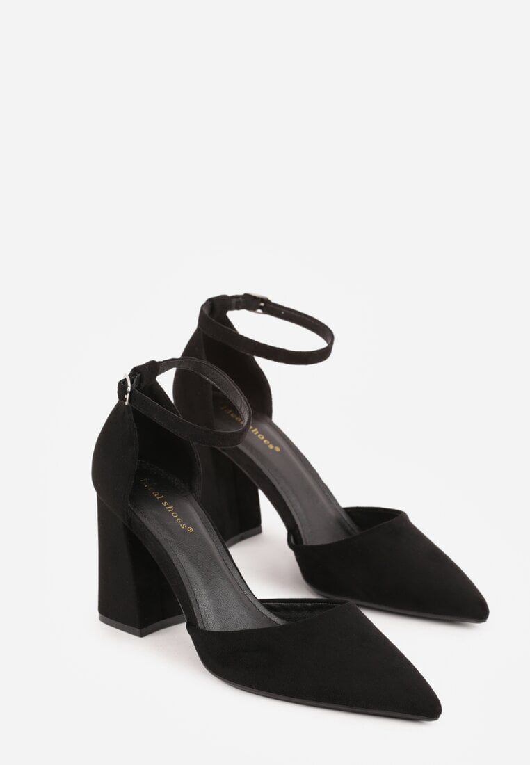 Czarne Czółenka z Imitacji Zamszu na Słupkowym Obcasie ze Szpiczastym Noskiem Hadina
