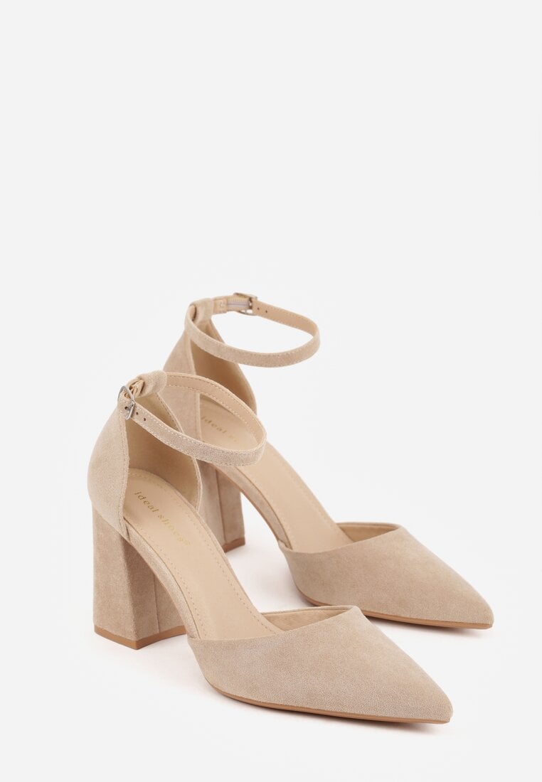 Ciemnobeżowe Czółenka z Imitacji Zamszu na Słupkowym Obcasie ze Szpiczastym Noskiem Hadina