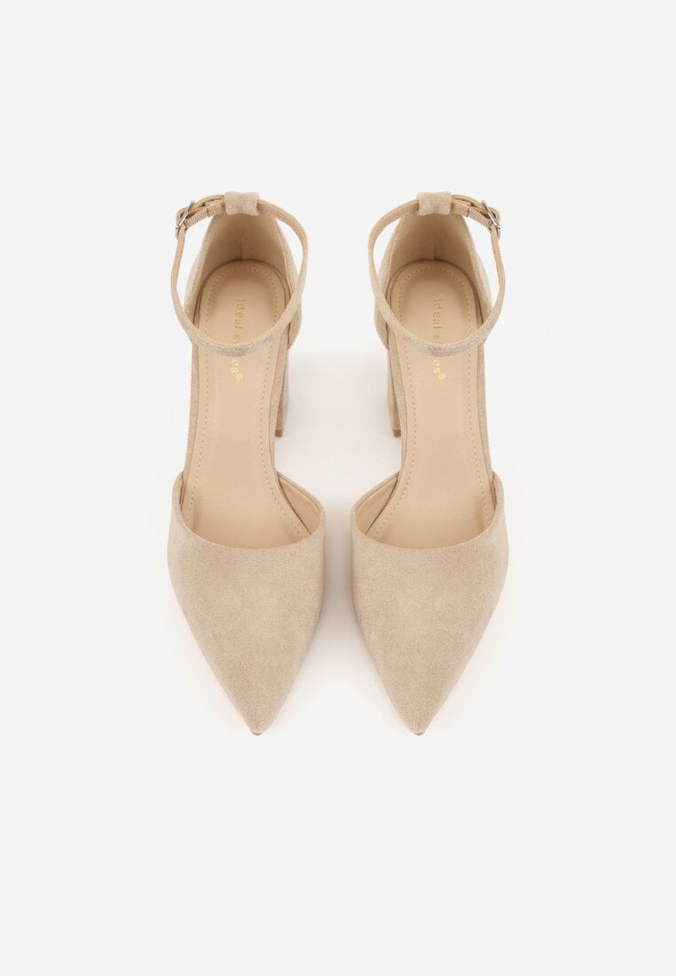 Ciemnobeżowe Czółenka z Imitacji Zamszu na Słupkowym Obcasie ze Szpiczastym Noskiem Hadina