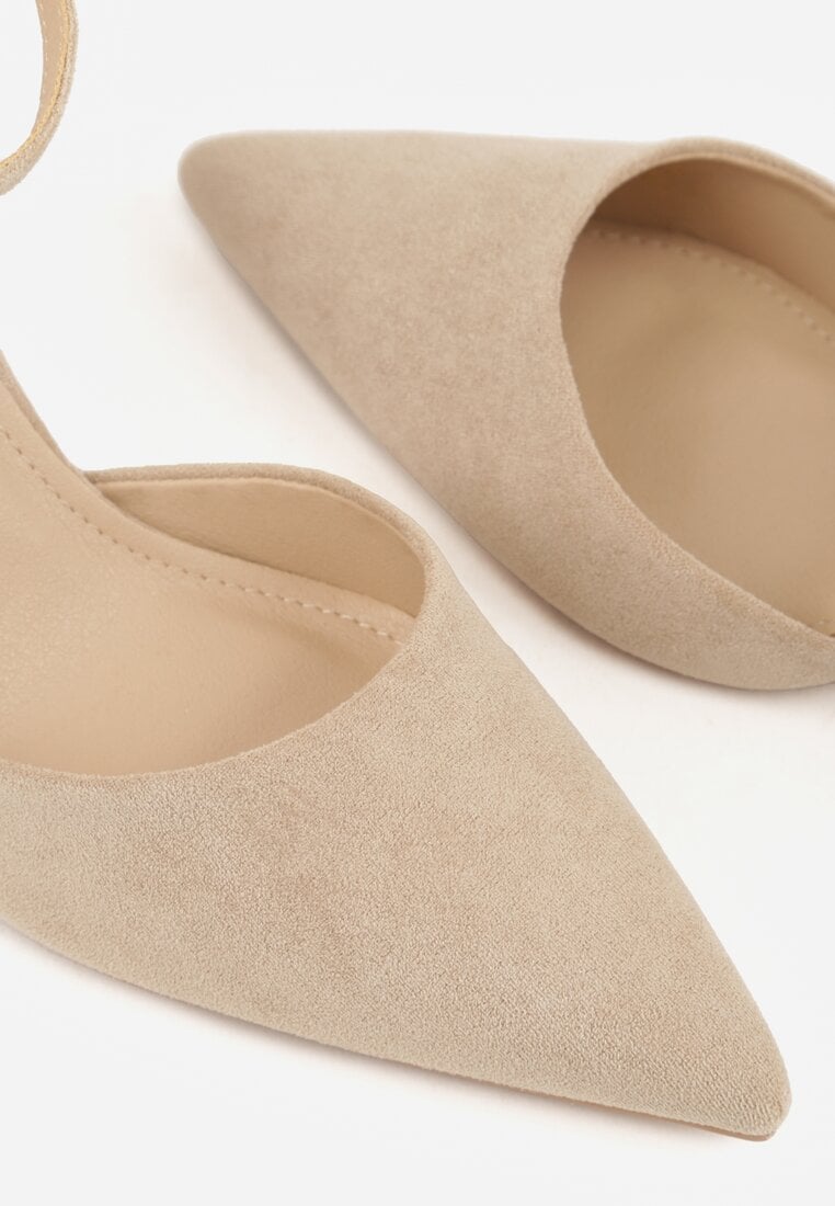 Ciemnobeżowe Czółenka z Imitacji Zamszu na Słupkowym Obcasie ze Szpiczastym Noskiem Hadina
