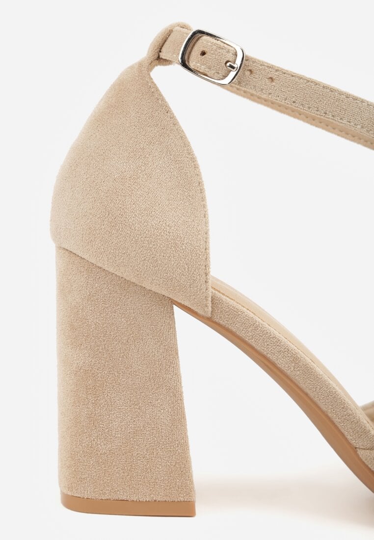 Ciemnobeżowe Czółenka z Imitacji Zamszu na Słupkowym Obcasie ze Szpiczastym Noskiem Hadina