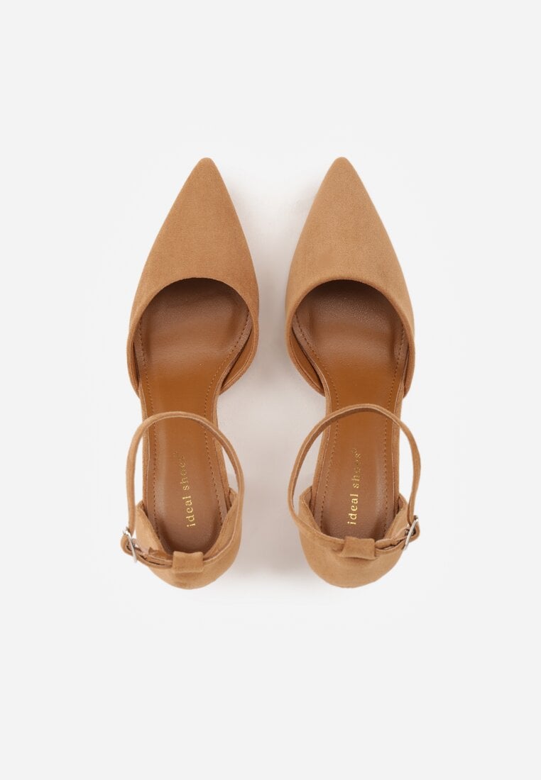 Jasnobrązowe Czółenka z Imitacji Zamszu na Słupkowym Obcasie ze Szpiczastym Noskiem Hadina
