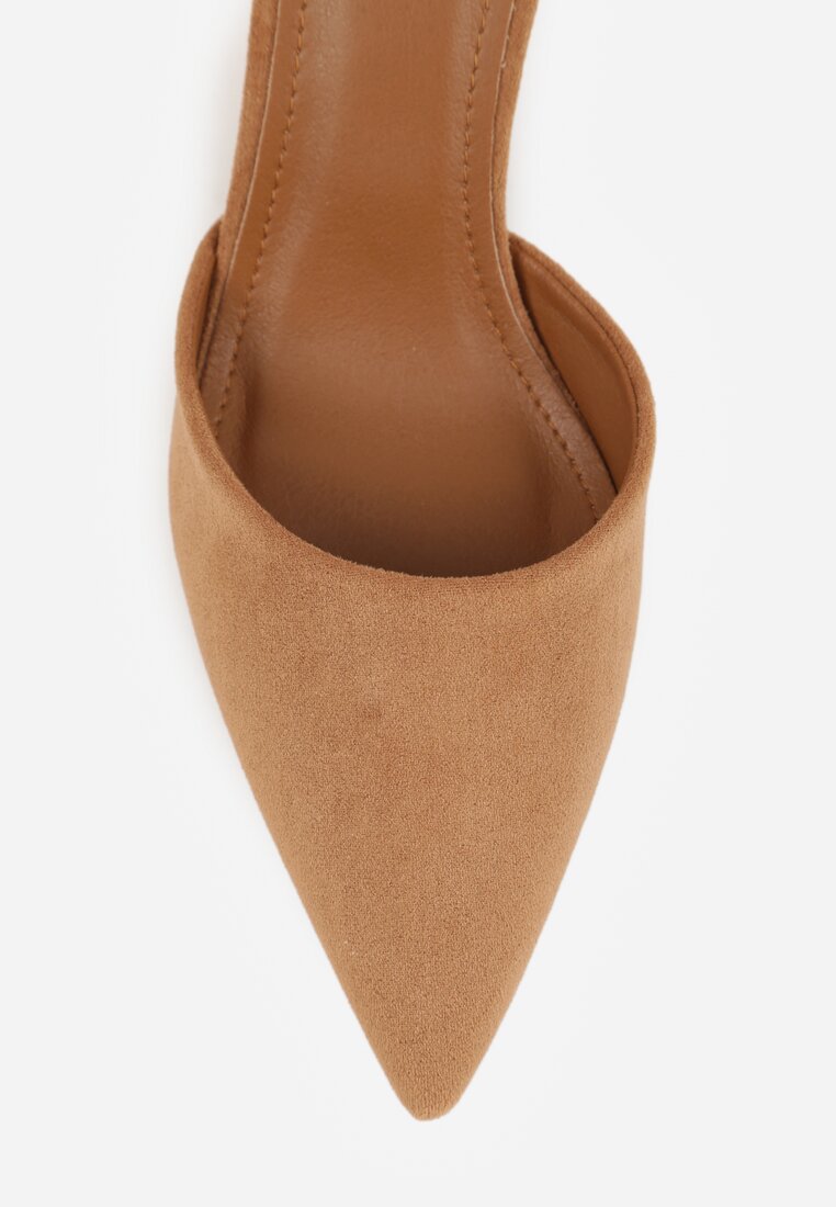 Jasnobrązowe Czółenka z Imitacji Zamszu na Słupkowym Obcasie ze Szpiczastym Noskiem Hadina