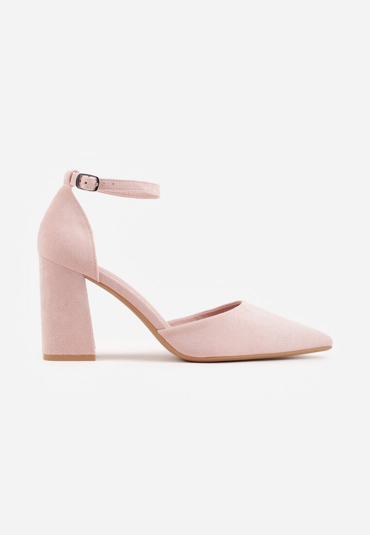 Różowe Czółenka z Imitacji Zamszu na Słupkowym Obcasie ze Szpiczastym Noskiem Hadina