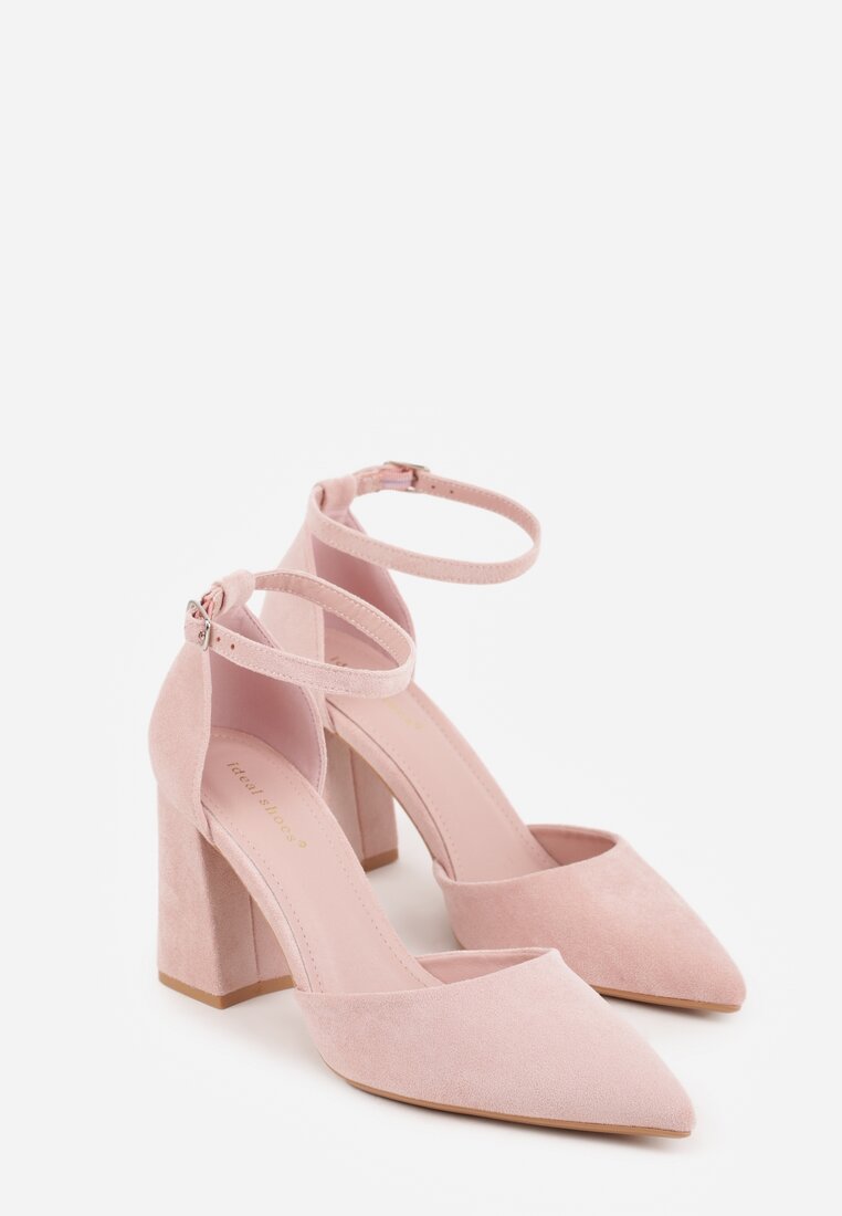 Różowe Czółenka z Imitacji Zamszu na Słupkowym Obcasie ze Szpiczastym Noskiem Hadina