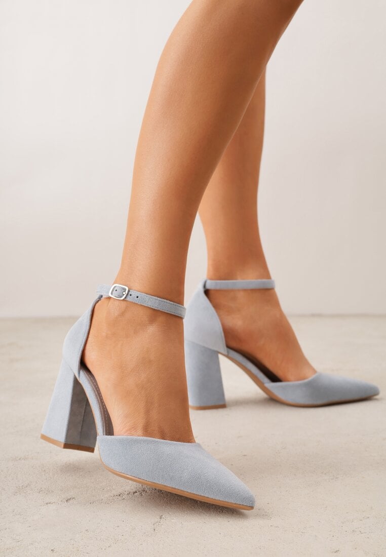 Niebieskie Czółenka z Imitacji Zamszu na Słupkowym Obcasie ze Szpiczastym Noskiem Hadina