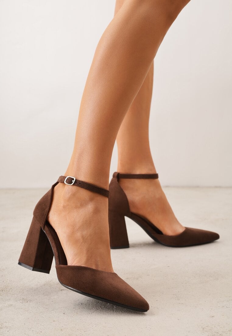 Ciemnobrązowe Czółenka z Imitacji Zamszu na Słupkowym Obcasie ze Szpiczastym Noskiem Hadina