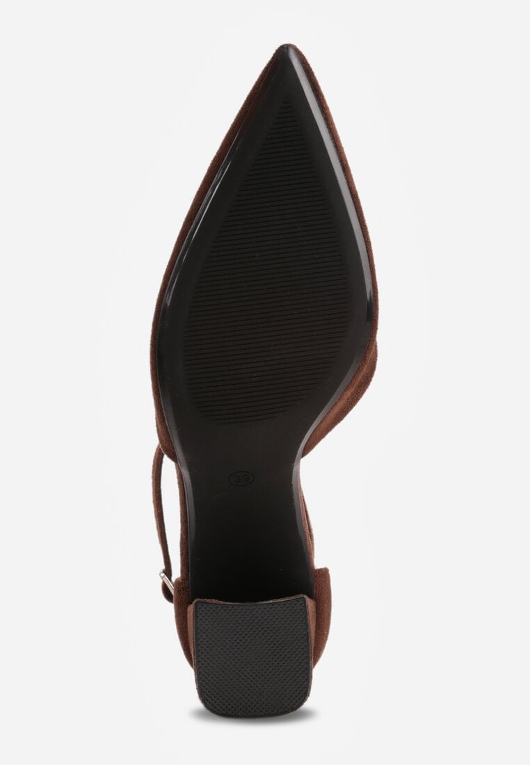 Ciemnobrązowe Czółenka z Imitacji Zamszu na Słupkowym Obcasie ze Szpiczastym Noskiem Hadina