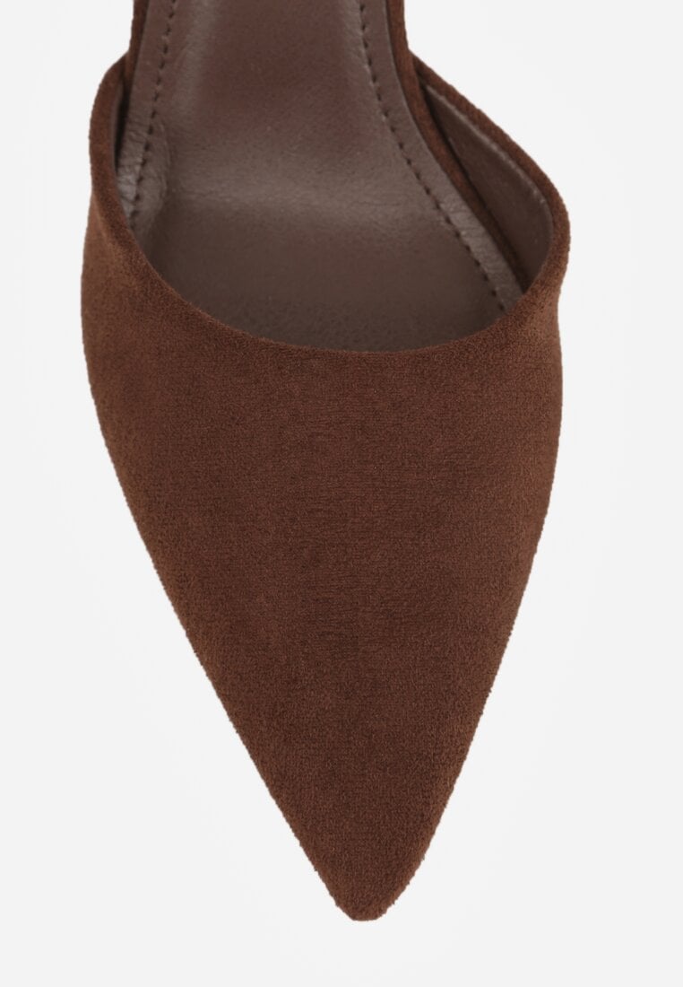 Ciemnobrązowe Czółenka z Imitacji Zamszu na Słupkowym Obcasie ze Szpiczastym Noskiem Hadina