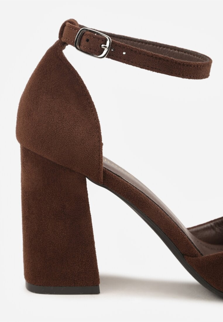 Ciemnobrązowe Czółenka z Imitacji Zamszu na Słupkowym Obcasie ze Szpiczastym Noskiem Hadina