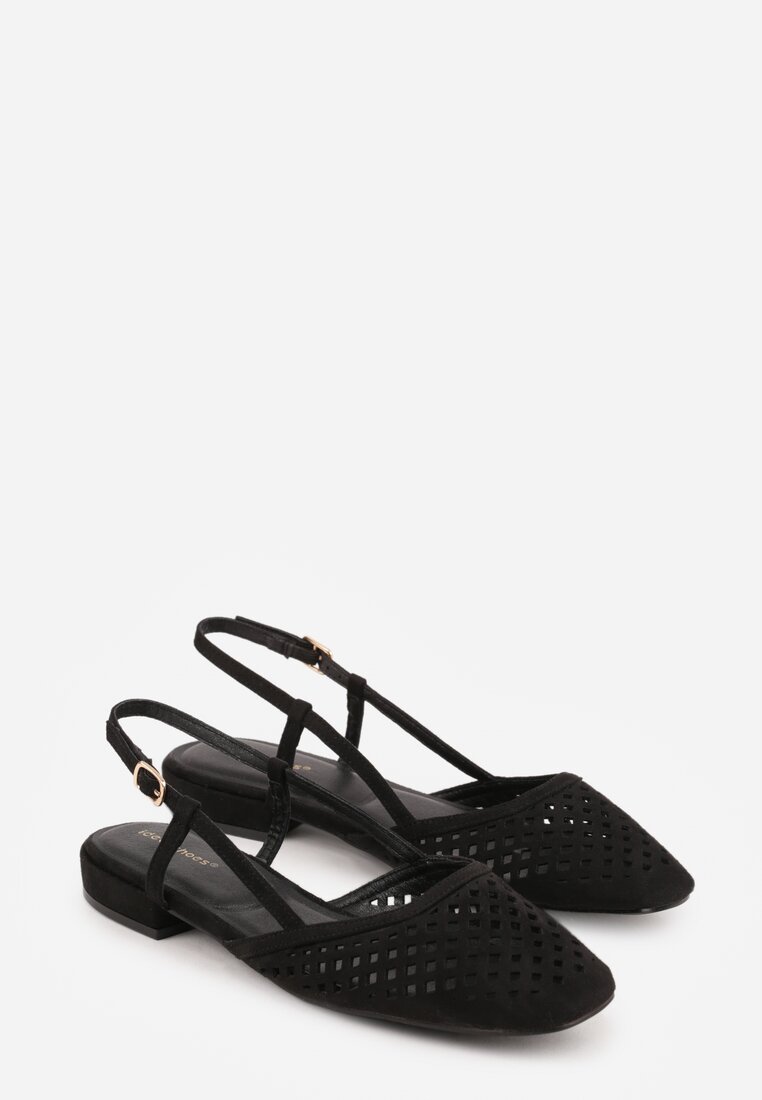 Czarne Sandały Slingback z Kwadratowym Noskiem i Ażurową Cholewką Jurria