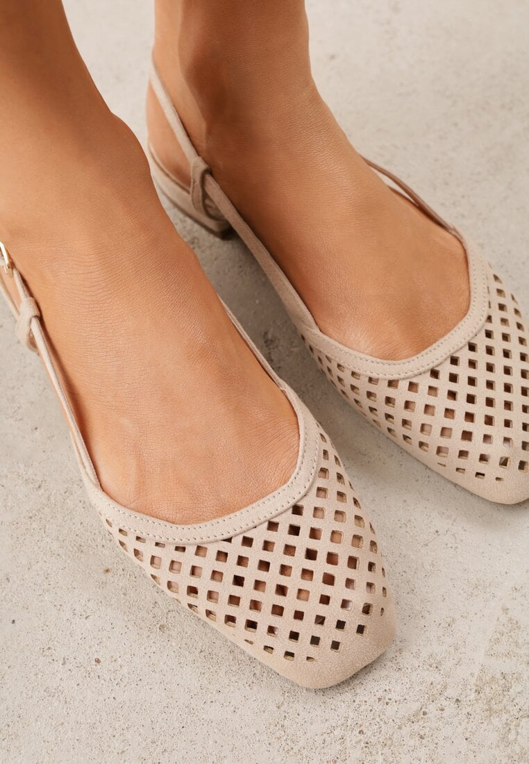 Ciemnobeżowe Sandały Slingback z Kwadratowym Noskiem i Ażurową Cholewką Jurria