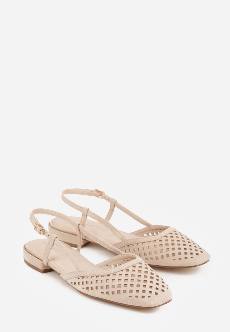 Ciemnobeżowe Sandały Slingback z Kwadratowym Noskiem i Ażurową Cholewką Jurria