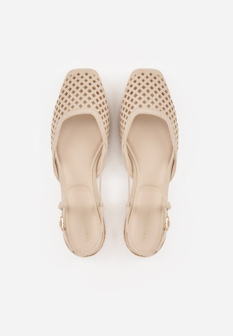 Ciemnobeżowe Sandały Slingback z Kwadratowym Noskiem i Ażurową Cholewką Jurria