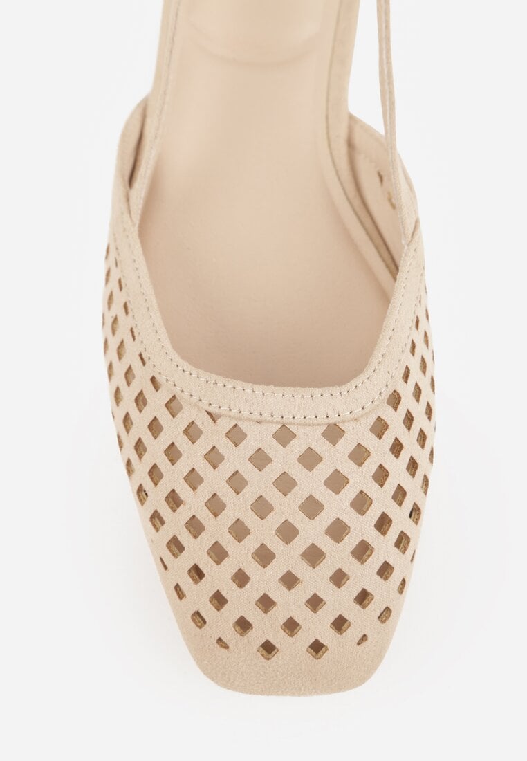 Ciemnobeżowe Sandały Slingback z Kwadratowym Noskiem i Ażurową Cholewką Jurria