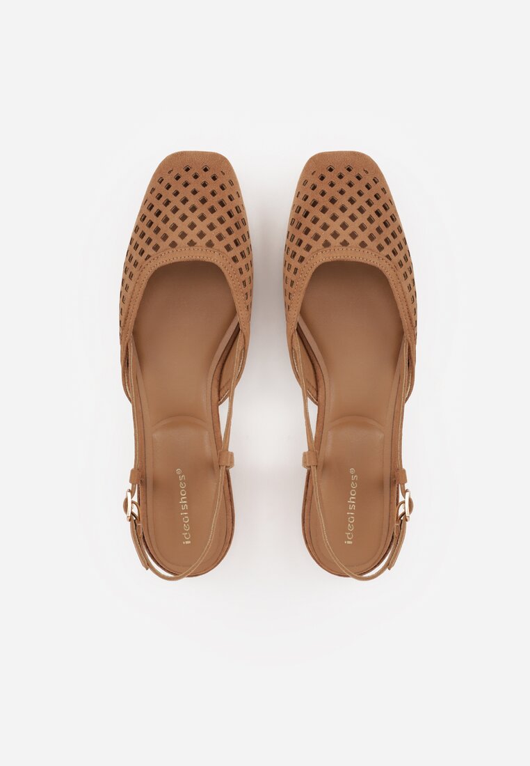 Brązowe Sandały Slingback z Kwadratowym Noskiem i Ażurową Cholewką Jurria