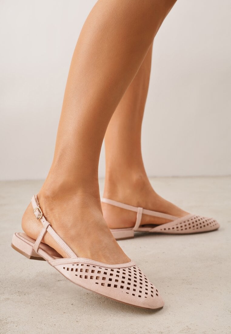 Różowe Baleriny Slingback z Kwadratowym Noskiem i Ażurową Cholewką Jurria