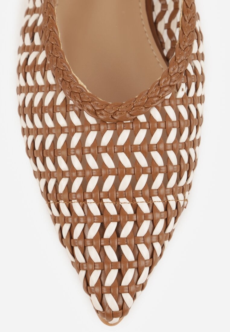 Brązowe Baleriny Slingback z Plecionki ze Szpiczastym Noskiem Eupheleta