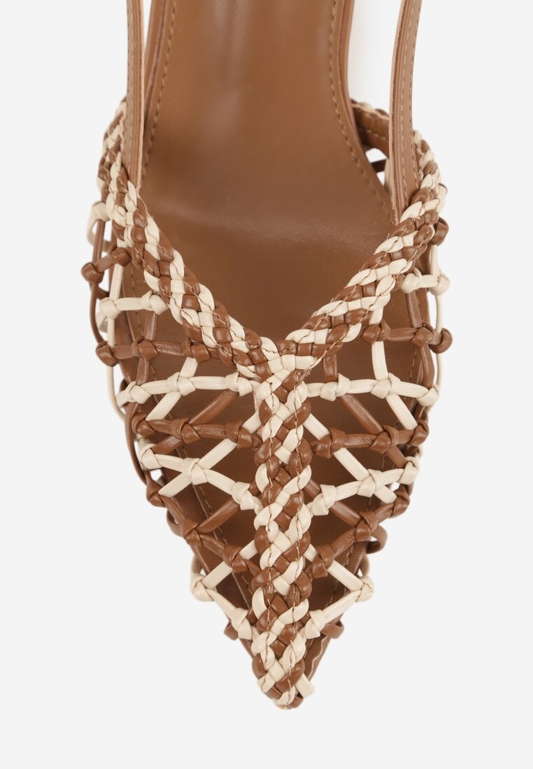 Brązowe Czółenka na Szpilce z Ażurową Szydełkową Cholewką Navioil