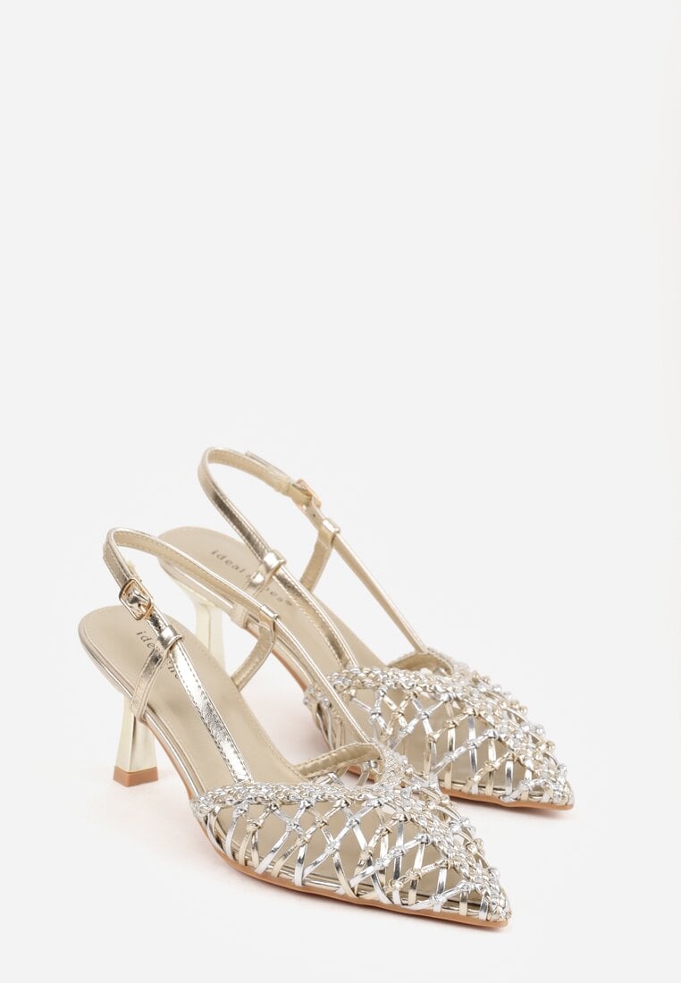 Złote Sandały na Szpilce z Ażurową Szydełkową Cholewką Navioil