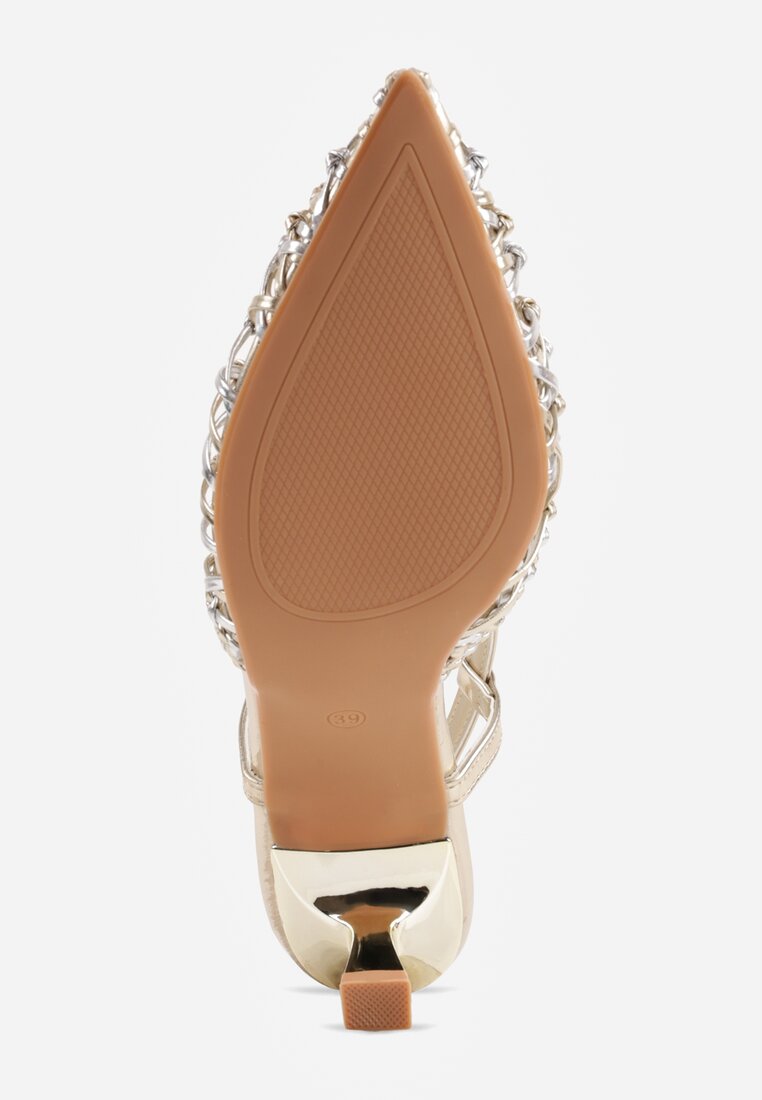 Złote Sandały na Szpilce z Ażurową Szydełkową Cholewką Navioil