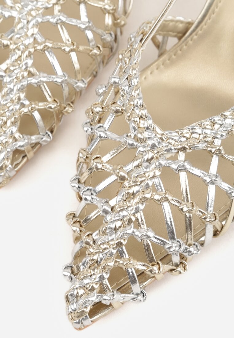 Złote Sandały na Szpilce z Ażurową Szydełkową Cholewką Navioil